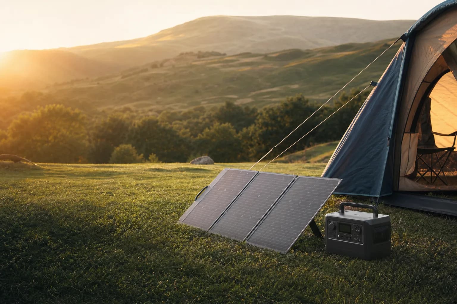 Portable solar panel and battery beside a tent at sunrise