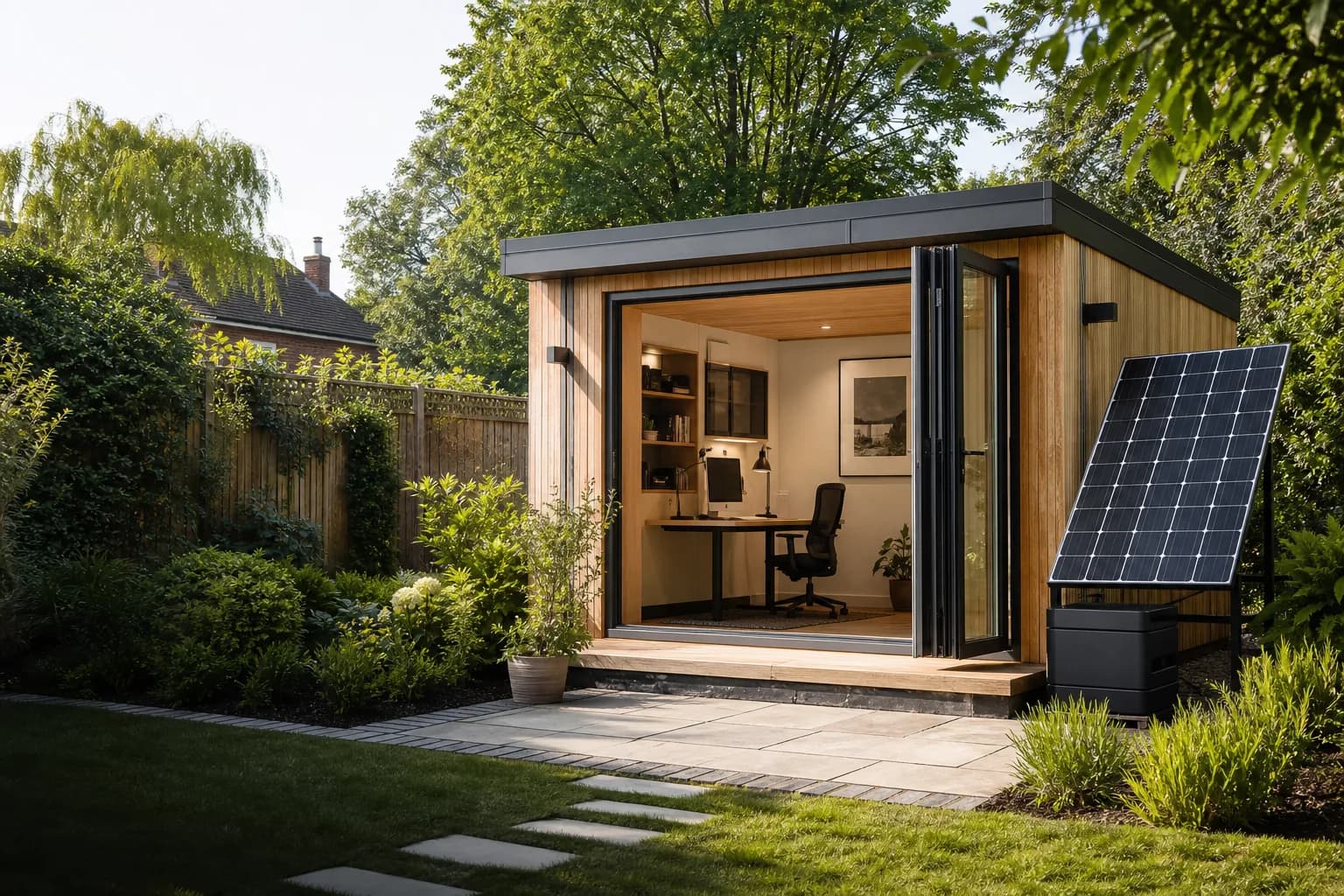 Contemporary garden office with a compact independent solar setup