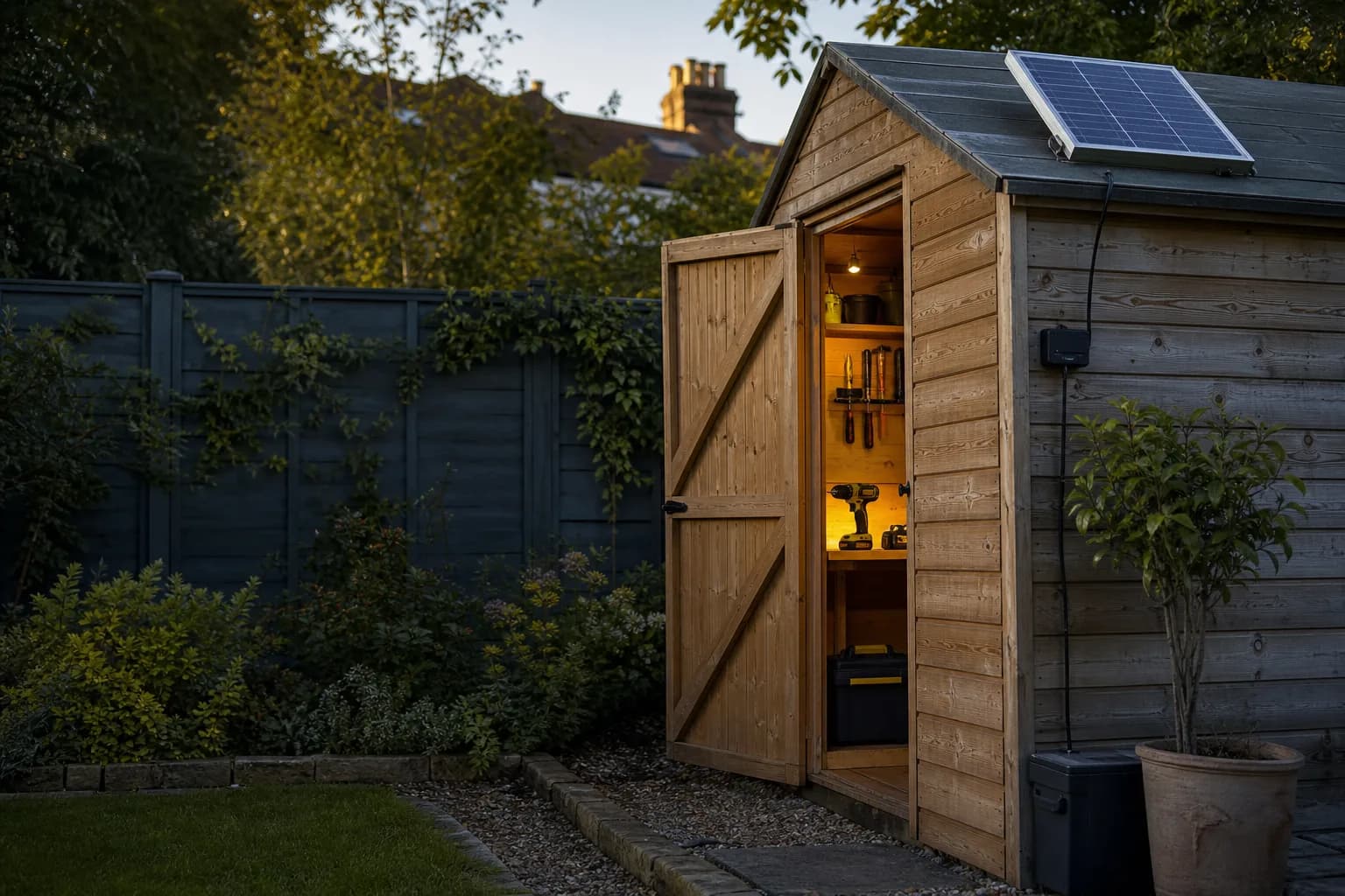 Solar panel supplying a well-kept timber garden shed
